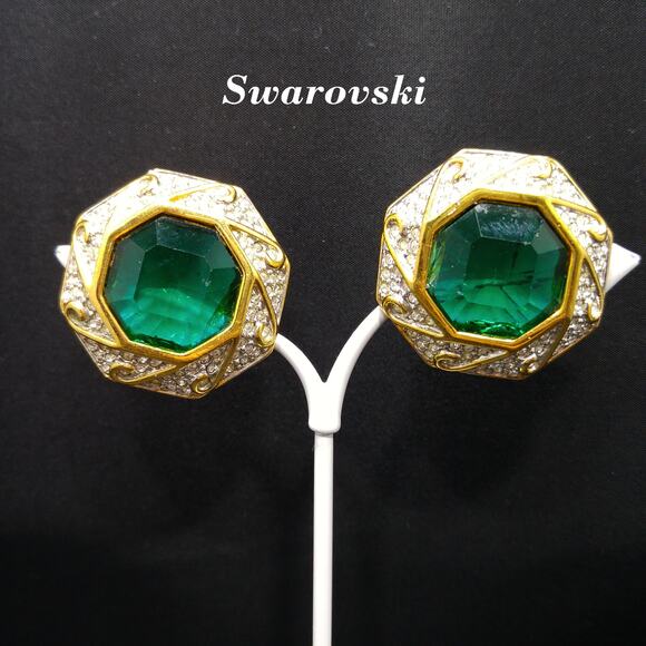 Swarovski Green Octagon Crystal Earrings, Clip On, Gold Plated, Swan Logo - Picture 1 of 10